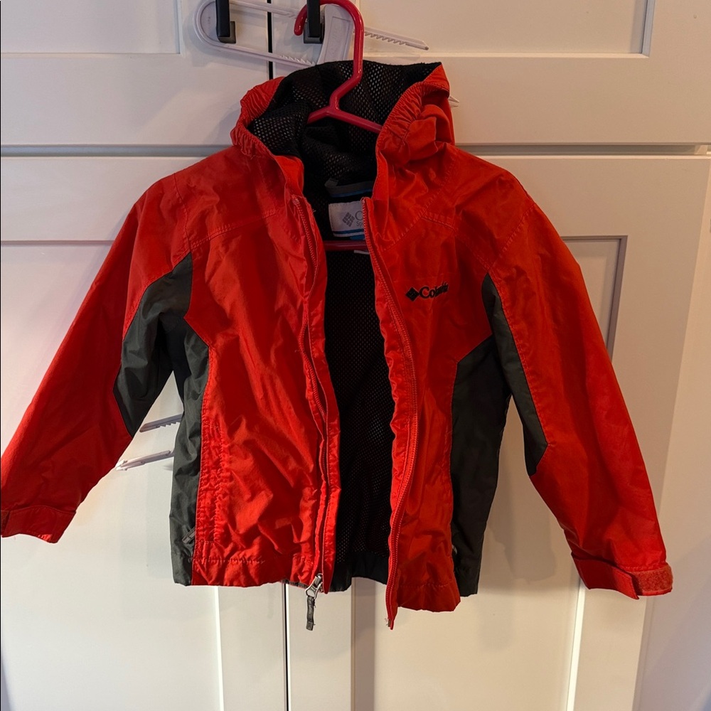 Columbia Red and Gray Kids Hooded Rain Jacket - Lightweight Shell